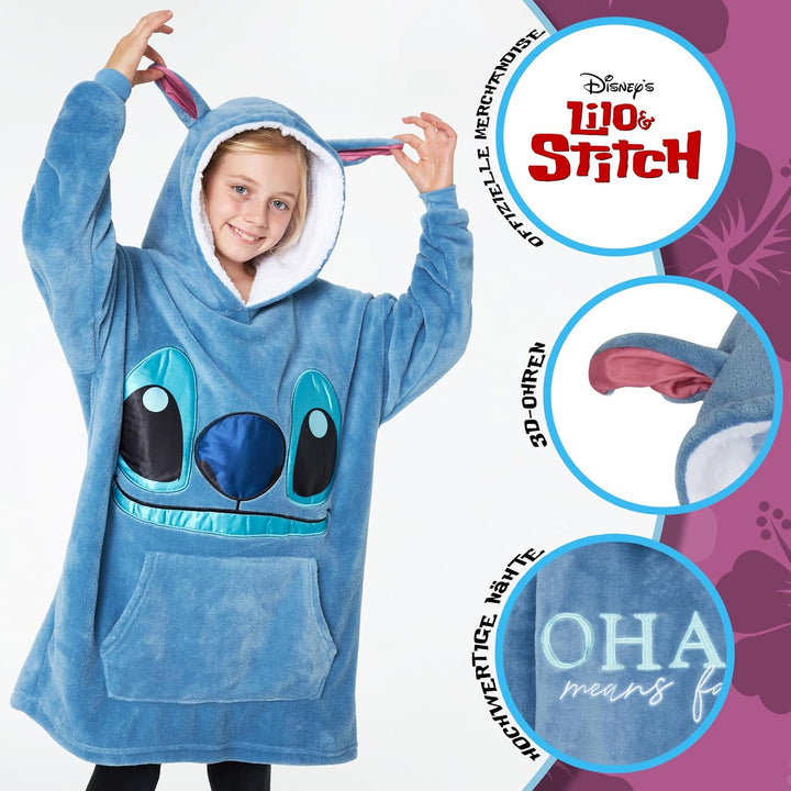 Disney Stitch Kapuzenpullover Mädchen, Übergrosse Hoodie Decke Kinder mit Sherpa-Kapuze und Kängurut