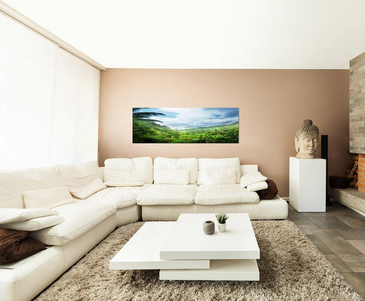 Paul Sinus Art Panoramabild auf Leinwand und Keilrahmen 150x50cm Seychellen Wald Palmen Wolken