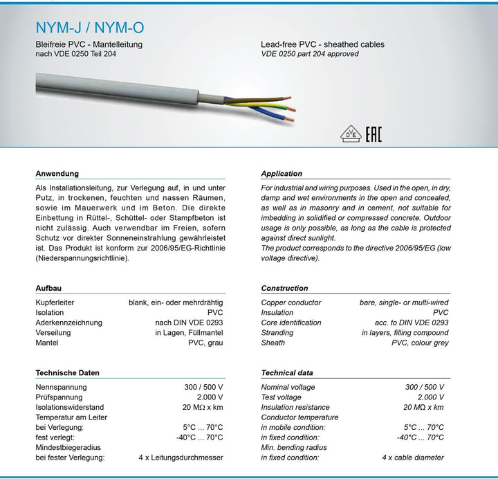 OKSI 5m NYM-J 5x6,0 mm² Mantelleitung Feuchtraumkabel Elektrokabel Kupfer Made in Germany, 5m NYM-J