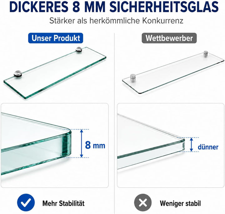 Glasablage Bad Transparent 60 x 10 cm, Wandregal aus 8 mm gehärtetem Glas, Badezimmer Glasregal mit