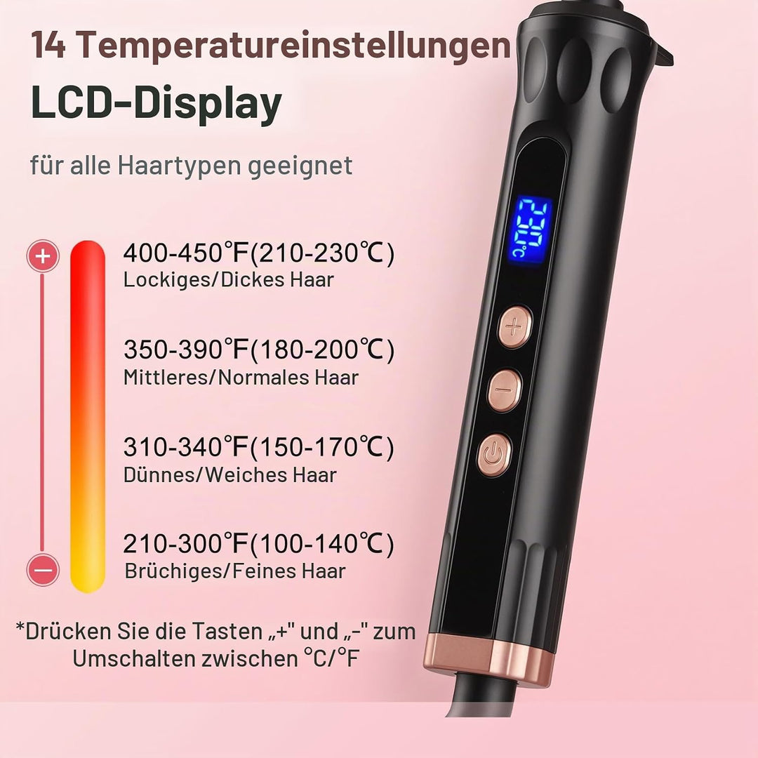 3 Fässer Welleneisen 25mm, 14 Stufen (100-230°C), Quarz-Keramik | Beach Waves Lockenstab Grosse Well