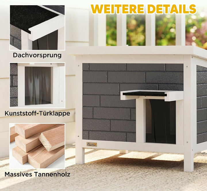 PawHut Katzenhaus Wetterfeste Katzenhütte aus Holz 61x51x53,5 cm Grau