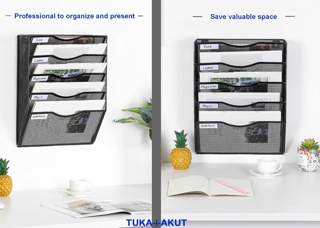TUKA-i-AKUT 5 Fächer Wand Zeitschriftenhalter A4 Quer, Metall Netz Wandhalter mit Etiketten-Design,