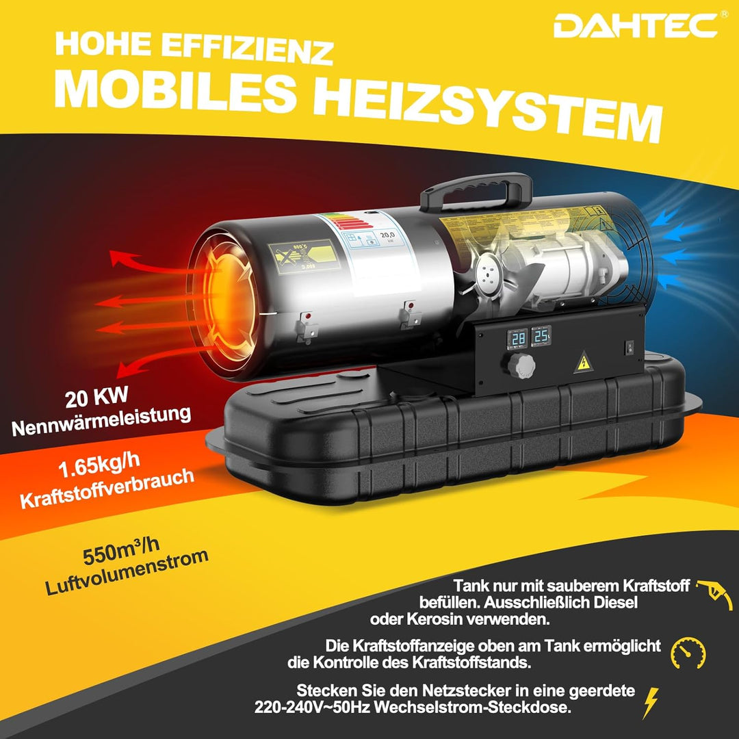 20 kW Heizkanone Diesel Bautrockner, Grosstank Bauheizer, 550 m³/h Heizgebläse mit Thermostat, Ölbeh