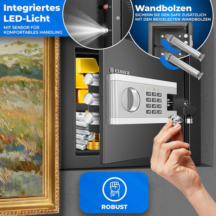 KESSER® Elektronischer Tresor | 31x20x20cm | Inkl. Batteriebox | Elektronischer Safe | 3x Doppelbolz