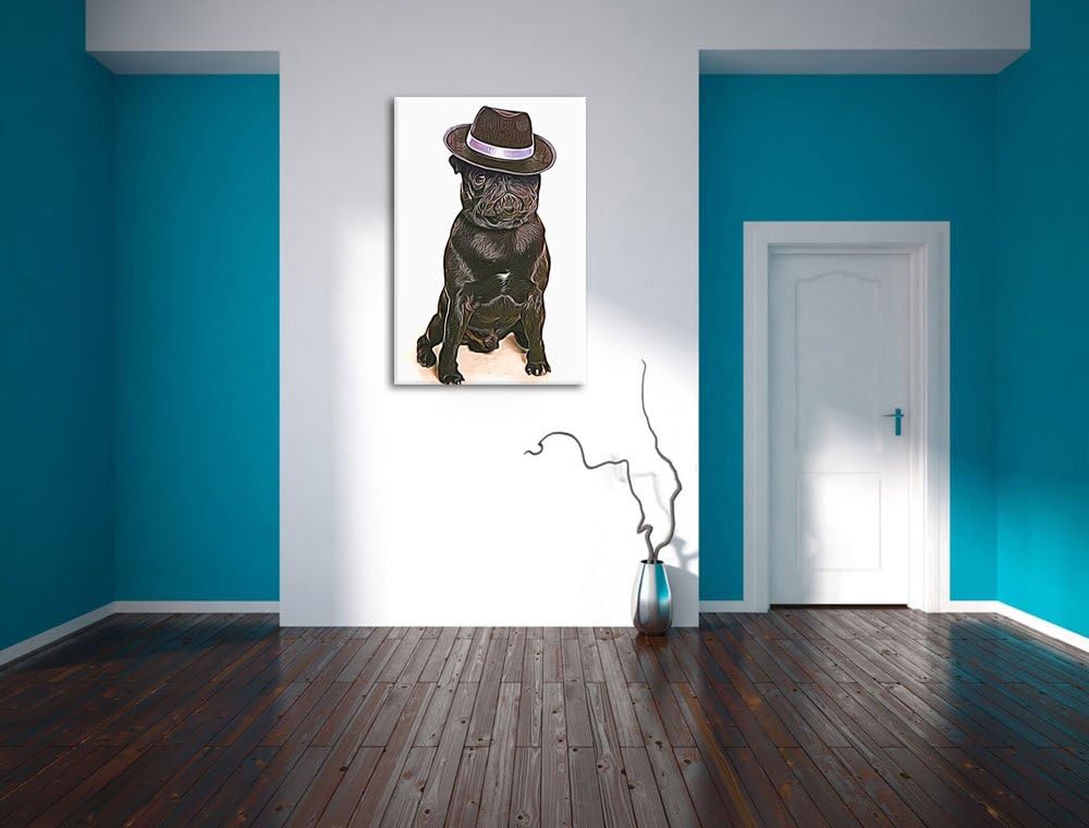 Mops mit Mafia Hut Deluxe Format: 100x70 cm auf Leinwand, XXL riesige Bilder fertig gerahmt mit Keil