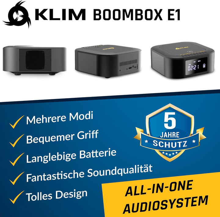 KLIM Boombox E1 Radio mit CD Player - BASS Boost mit Tieftöner - FM Radio, MP3, Bluetooth, AUX, USB