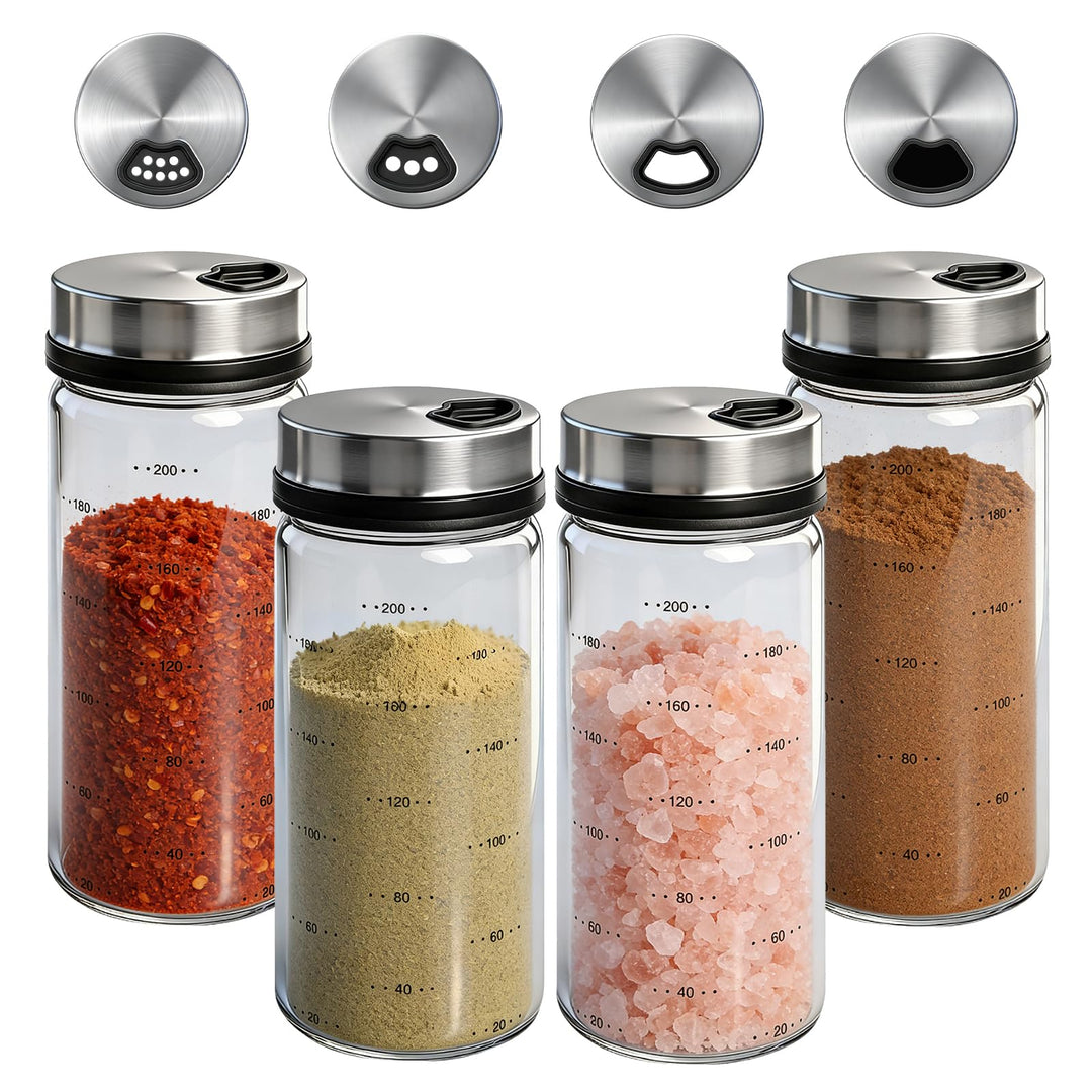4 Stück 200ml Gewürzgläser mit Drehdeckel, Gewürzstreuer Glas, Gewürzdosen Gross mit 3 Arten von Gew