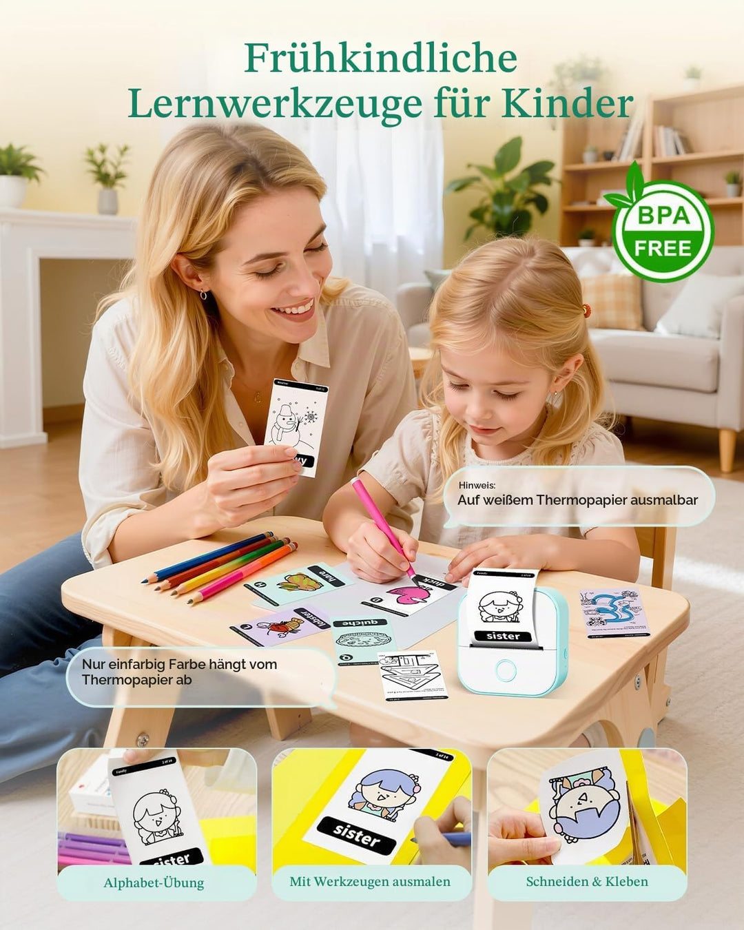Memoking Mini Drucker für Smartphone, T02 Mini Drucker mit 6 Rollen Papier Grün 1 Drucker + 6 Rollen