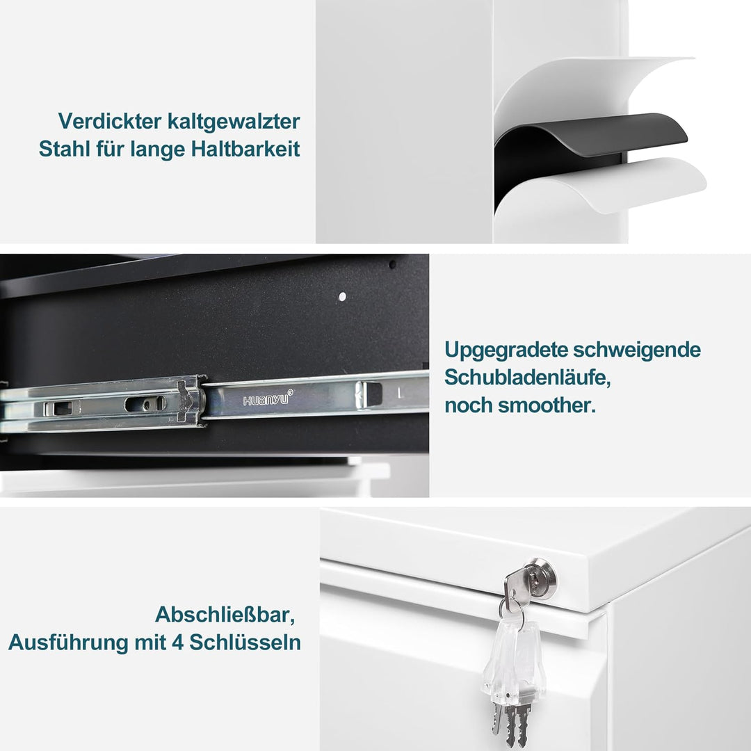 LVSTEEL Rollcontainer, Aktenschrank Abschliessbar mit 4 Schlüsseln, Büroschrank aus Metall, Aktensch