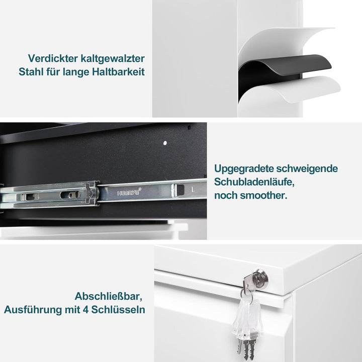 LVSTEEL Rollcontainer, Aktenschrank Abschliessbar mit 4 Schlüsseln, Büroschrank aus Metall, Aktensch