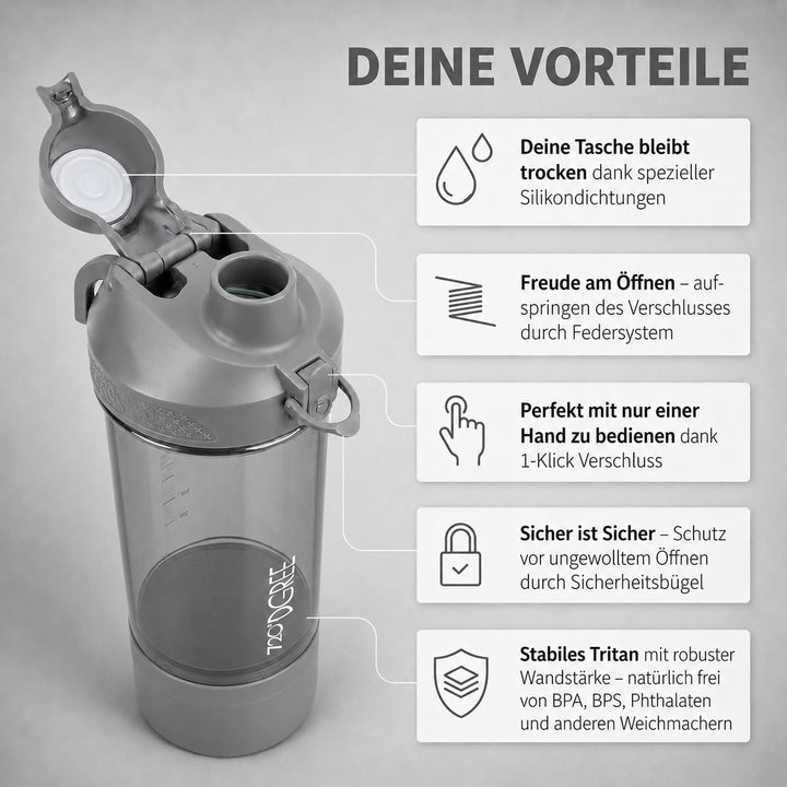 720°DGREE Protein Shaker mit Pulverfach 550ml “uberShaker“ – Auslaufsicher, BPA-Frei, Skala, Spiralm