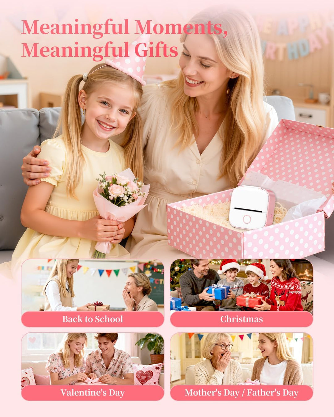 Memoking Mini Drucker, T02 Mini Aufkleberdrucker Teenager Mädchen Geschenke Rosa 1 Drucker + 3 Rolle