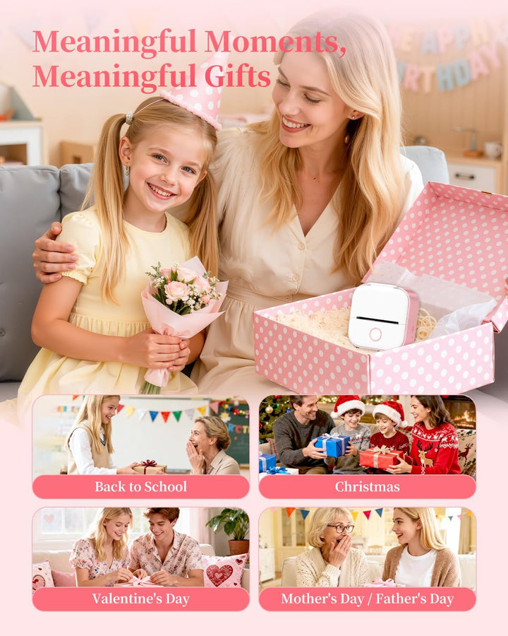 Memoking Mini Drucker, T02 Mini Aufkleberdrucker Teenager Mädchen Geschenke Rosa 1 Drucker + 3 Rolle