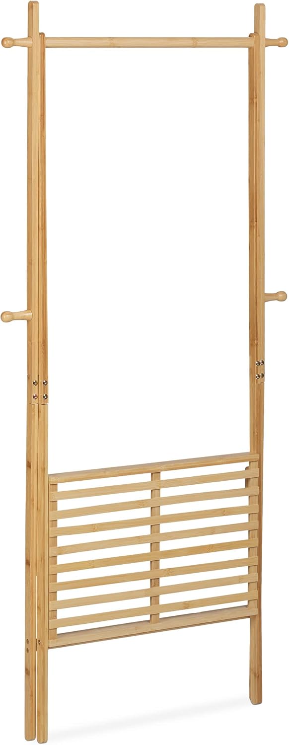 Relaxdays Kleiderständer Bambus, klappbar, Kleiderstange mit Ablage, 4 Haken, HBT: 160 x 74 x 42 cm,