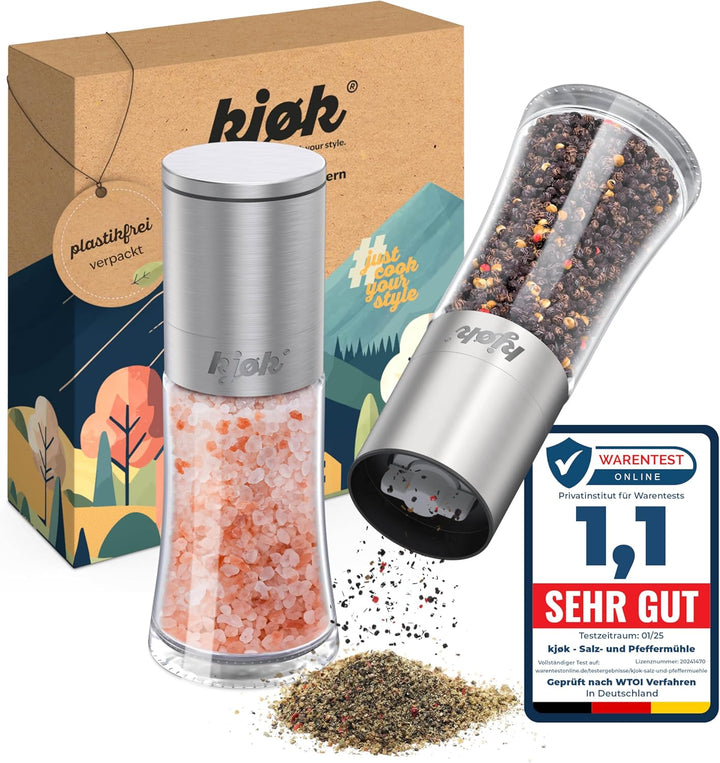 kjøk Premium Salz und Pfeffermühle Edelstahl gebürstet, Glas und BPA - 2er Set Gewürzmühle mit Keram