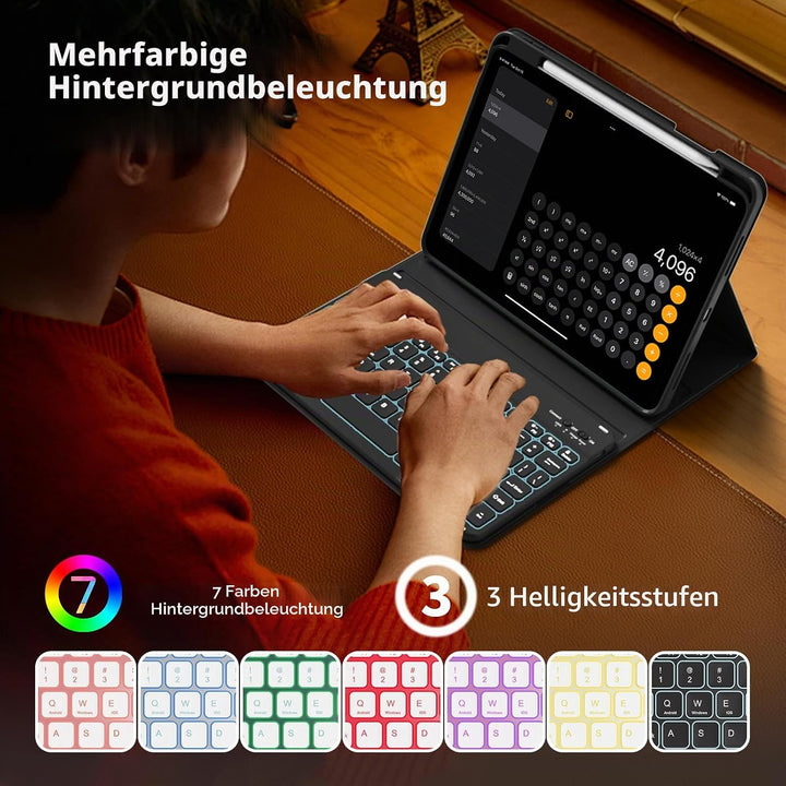 Hülle mit Tastatur für iPad 11 Generation A16/10 Generation (11/10.9 Zoll, 2025/2022), 7-farbige Bel