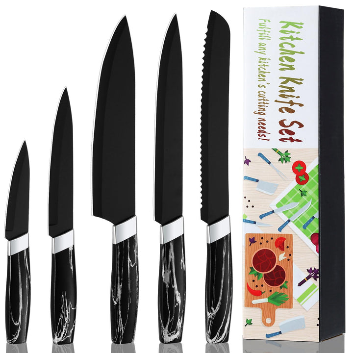 BEWOS Messerset, Schwarz Scharfe Edelstahl Küchenmesser Set, 5PCS Kochmesser Set ink. Kochmesser, Ge