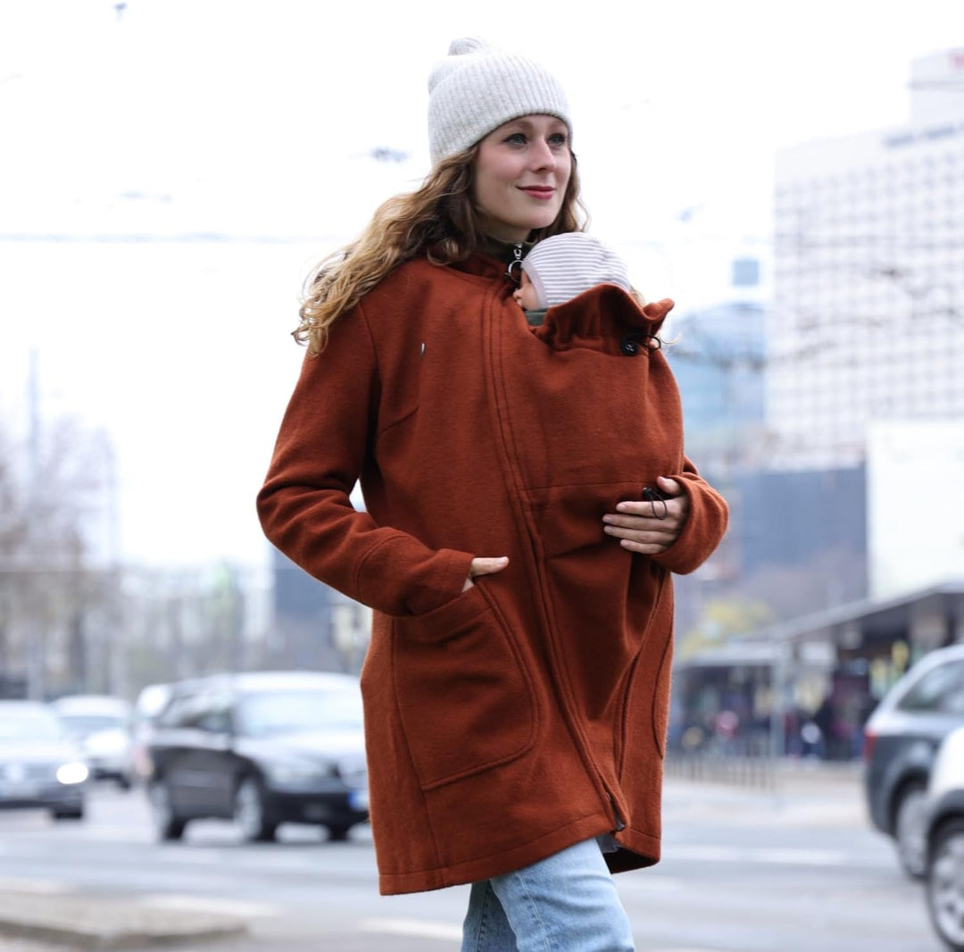 Viva la Mama - schicker Umstands- und Tragemantel für den Winter - VALENTIN S kastanie - vorn und hi