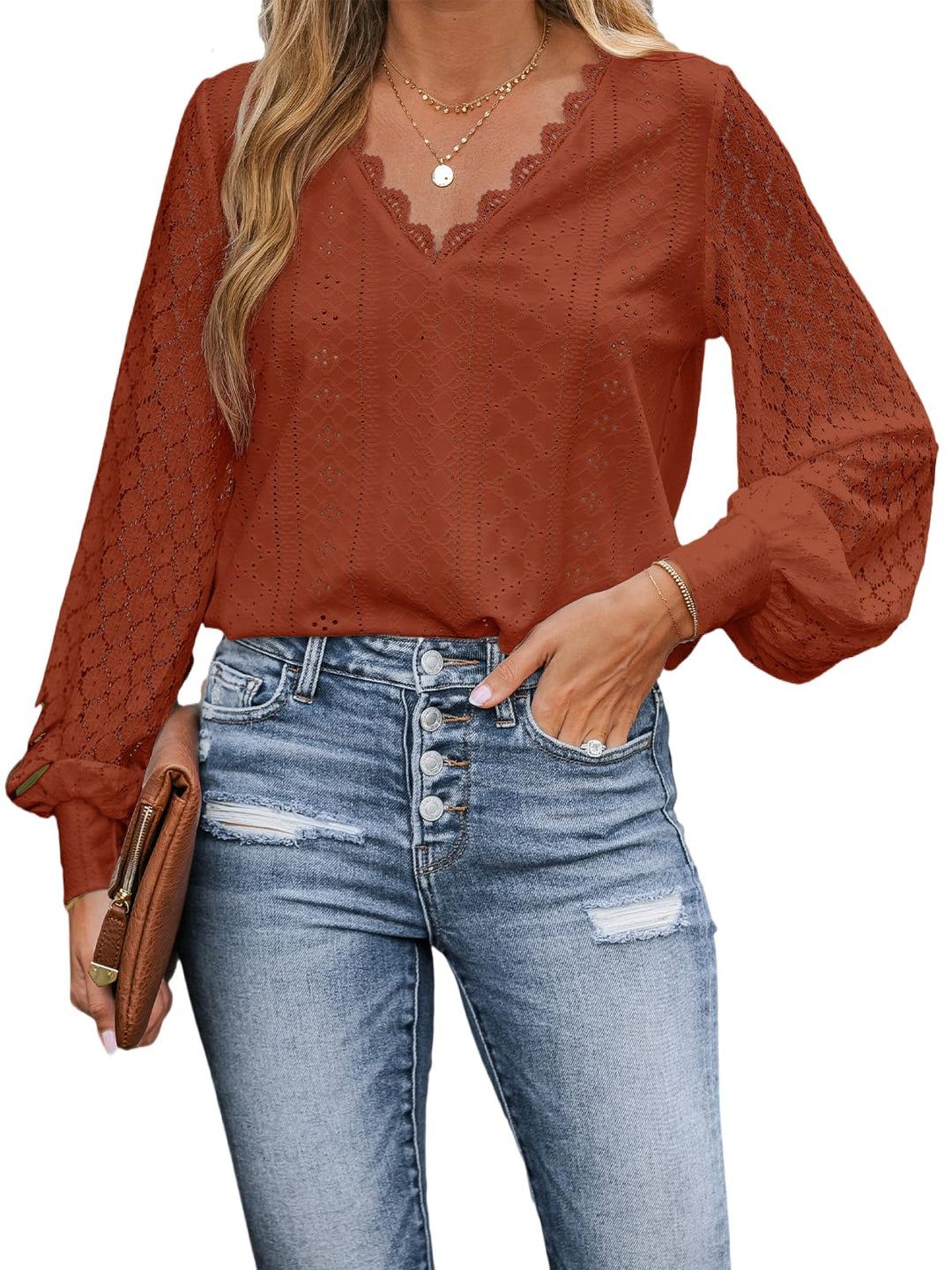 CUPSHE Damen Blusen V-Ausschnitt Spitzen Wellenkante Puffärmel Langarmshirt Lässige Lace Oberteile T