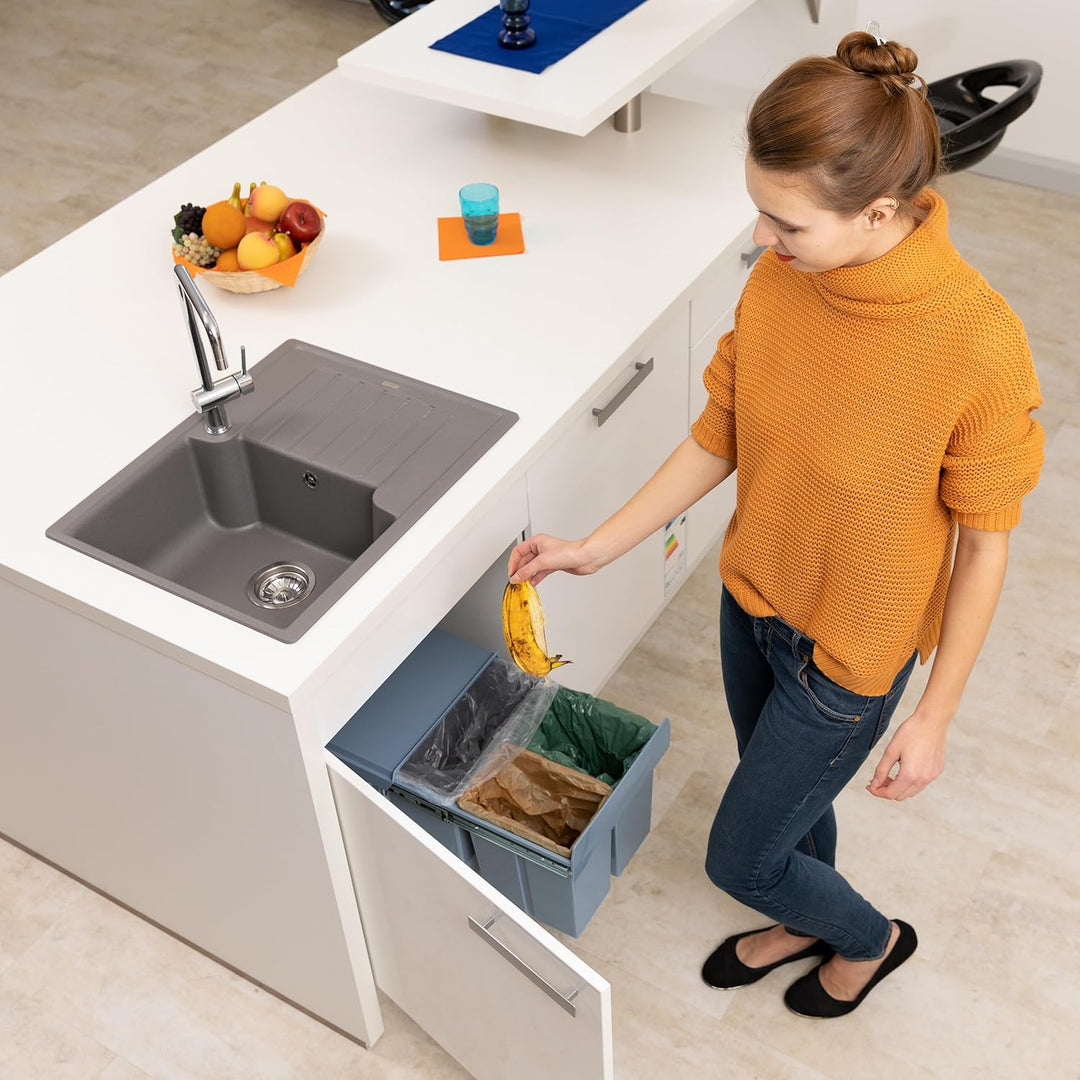 Relaxdays Einbaumülleimer Küche, Auszug, 3-fach Müllsystem Unterschrank, 15 &amp; 8 Liter, Kunststoff, H