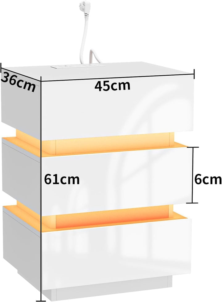 PIPIPOXER Nachttisch 1er Set mit Steckdose, Moderner Nachtschrank mit Led, Nachtkommode mit 3 Schubl