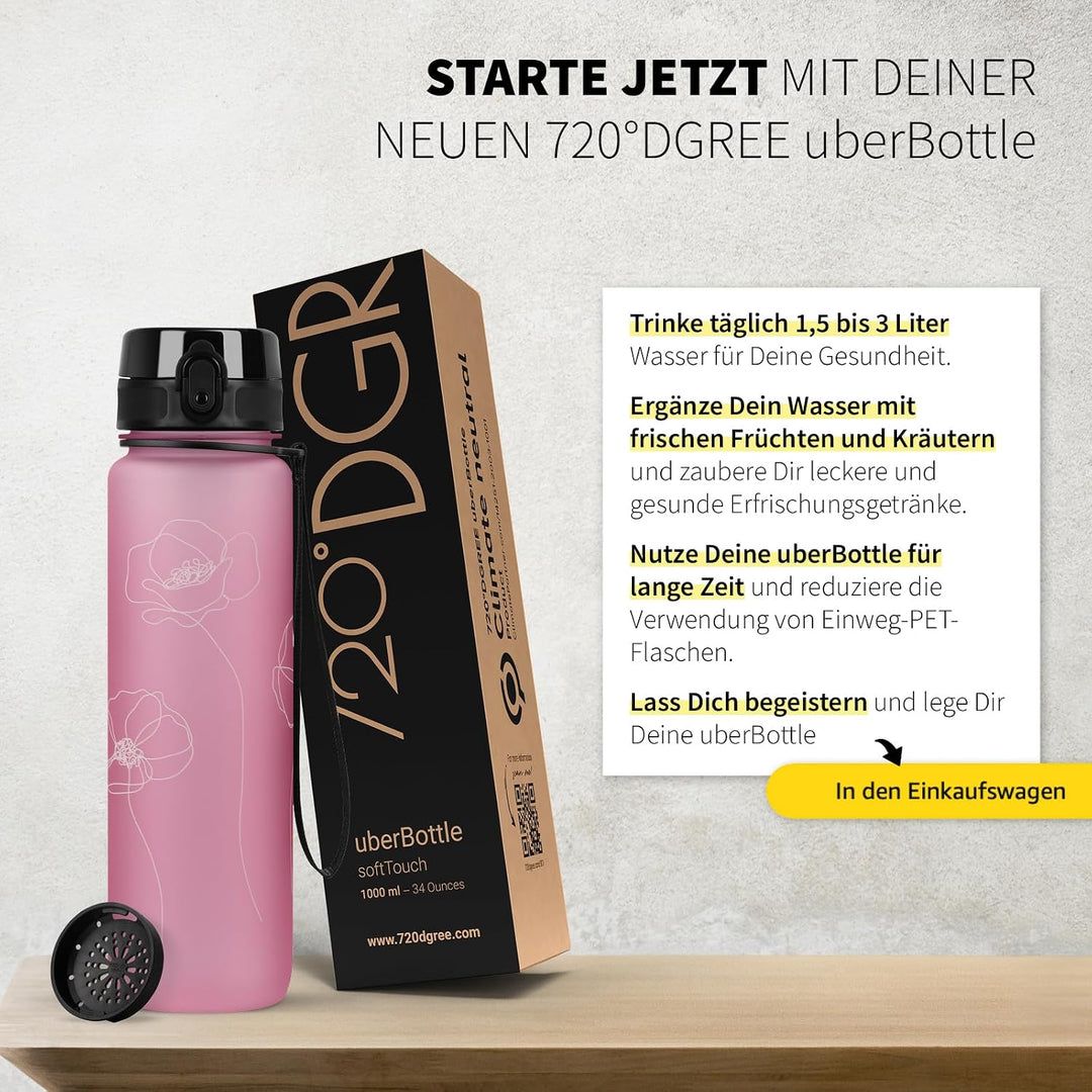 720°DGREE Trinkflasche 1l mit Motivationsskala “uberBottle“ +Sieb - BPA-Frei - Wasserflasche für Uni
