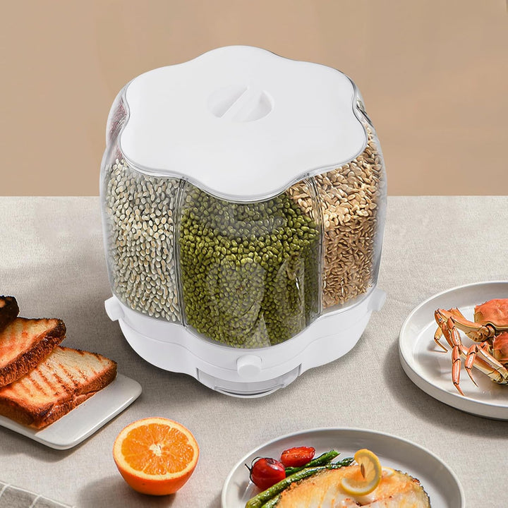 Getreidespender, 6-Fächer Rotierender Reisbehälter, 12,5kg Fassungsvermögen, 360° Drehbarer Müslispe