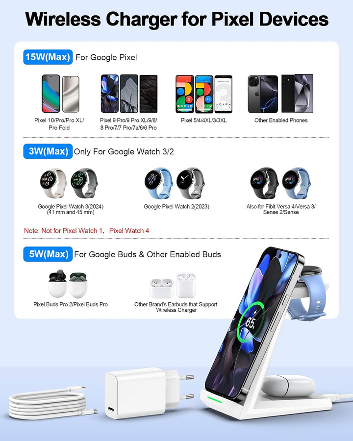 NANAMI induktive Ladestation für Google Pixel Watch 3/2/Fitbit Versa 4/3, 3 in 1 Wireless Charger fü
