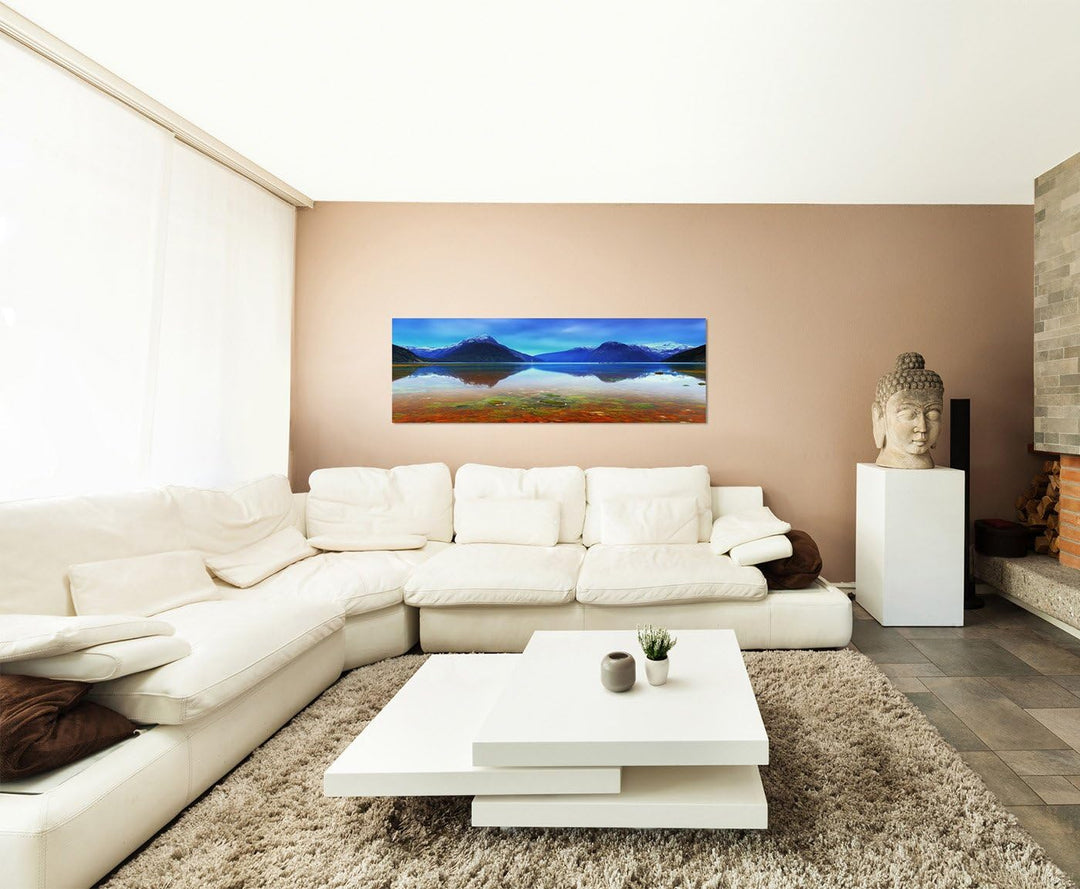 Paul Sinus Art Panoramabild auf Leinwand und Keilrahmen 150x50cm Neuseeland Berge Schnee See Spiegel