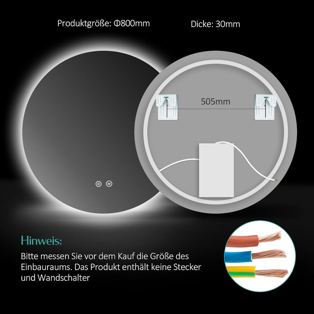 EMKE Badspiegel mit Beleuchtung rund 80cm, 3 Lichtfarbe 3 Lichtfarbe 80L x 80B cm, 3 Lichtfarbe 80L
