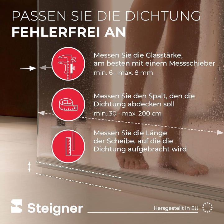 STEIGNER Duschdichtung, 120cm, Glasstärke 6/7/ 8 mm, Gerade PVC Ersatzdichtung für Dusche, UK11 Stär