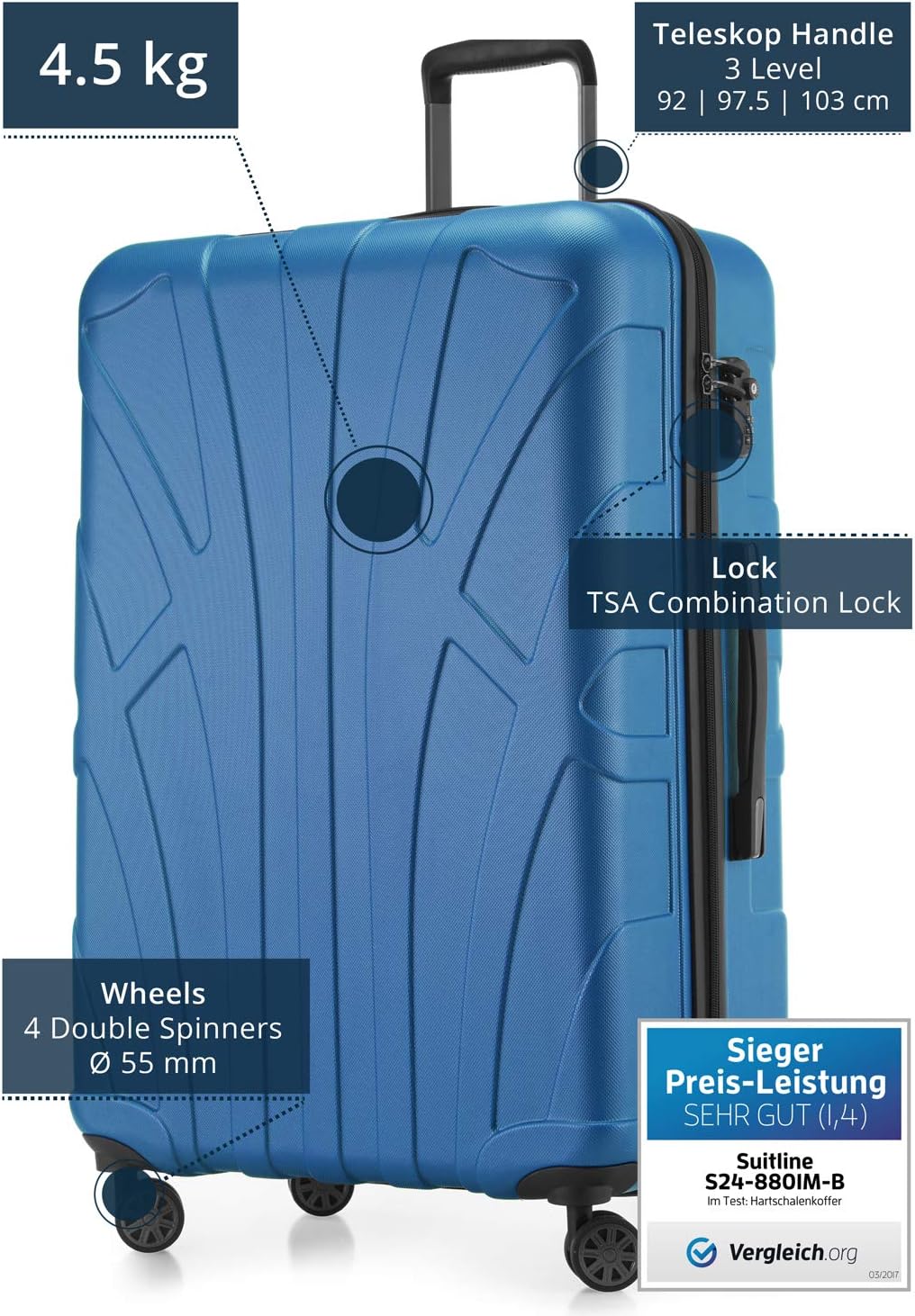 SUITLINE grosser Hartschalen-Koffer Koffer Trolley Rollkoffer XL Reisekoffer, TSA, 76 cm, ca. 96-110