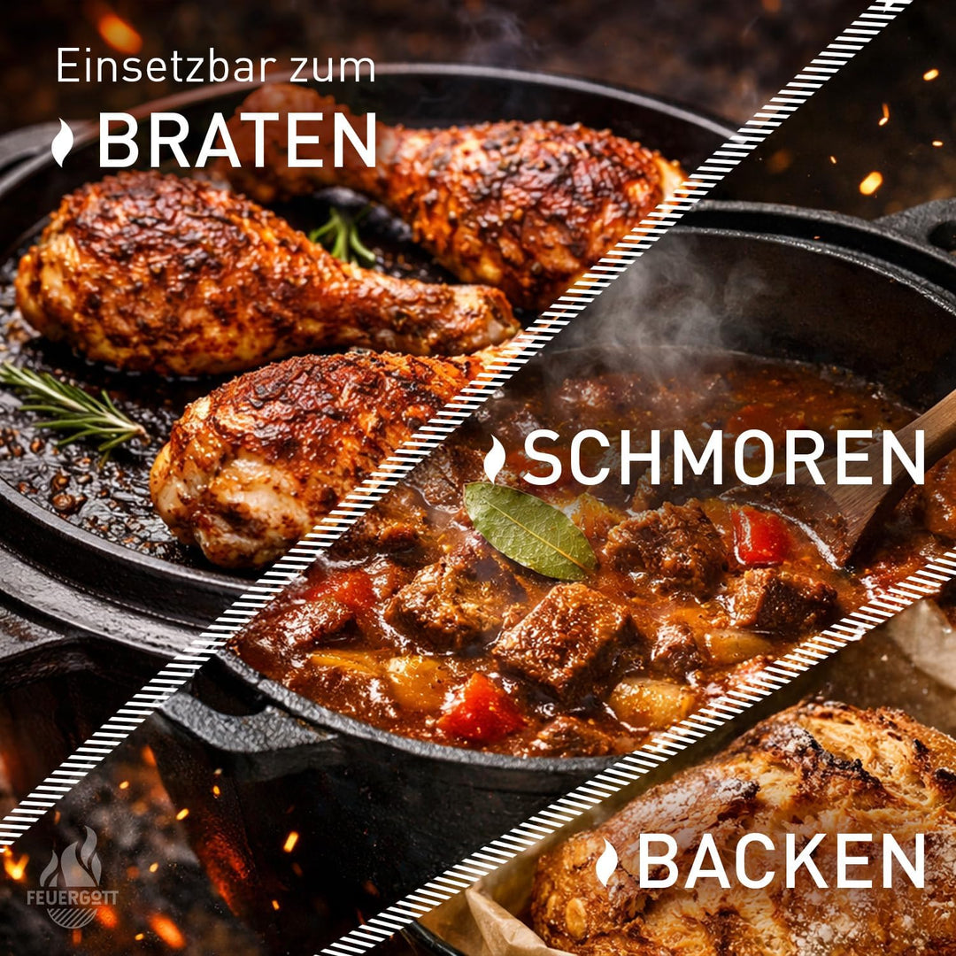 Dutch Oven 3,5L mit Füssen – Gusseiserner Topf für Outdoor Küche, Glut, Feuerstelle, BBQ – Schmortop