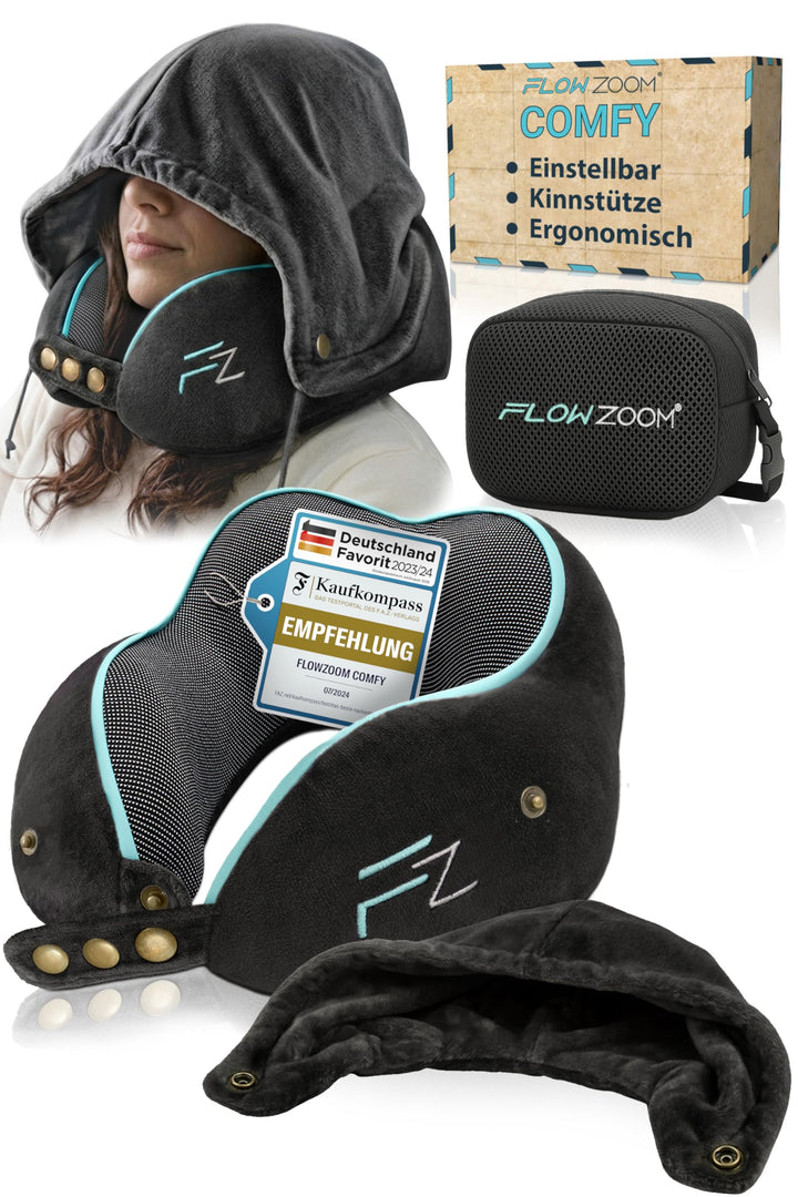 FLOWZOOM Comfy Nackenkissen Flugzeug &amp; Auto mit Kapuze - Einstellbares Memory Foam Reisekissen mit D