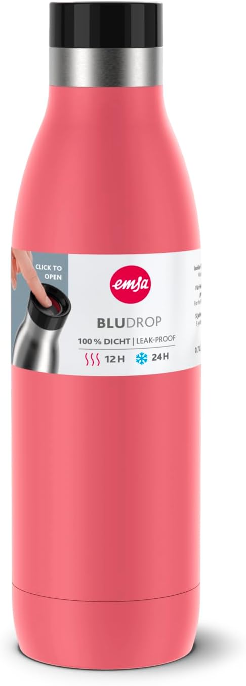 Emsa Bludrop Isolier-Trinkflasche, 0,7 Liter, 100% dicht, Quick-Press Verschluss, Ergonomischer 360°