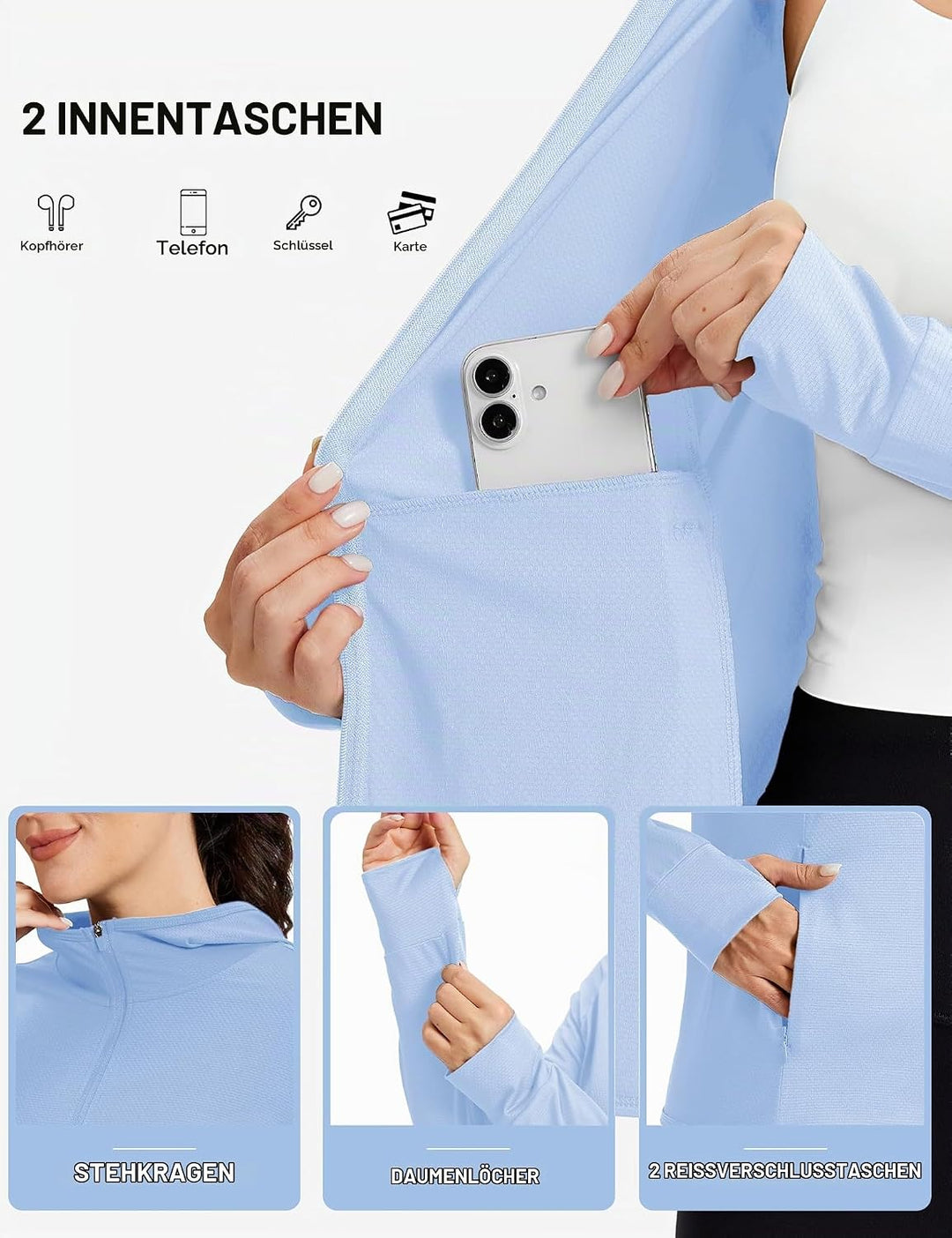 TACVASEN Damen UV Shirt Kapuze Jacke Langarm Laufshirt Schnelltrocknend Sportshirt Full Zip Sun Hood
