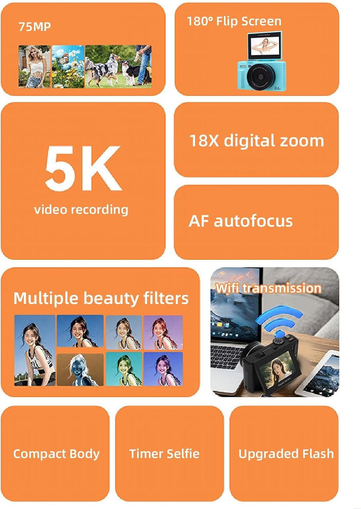 5K Digitalkamera mit 64-GB-Speicherkarte, 75MP 18X Vlog-Kamera, 3 Zoll 180 Grad Klappbildschirm, 52
