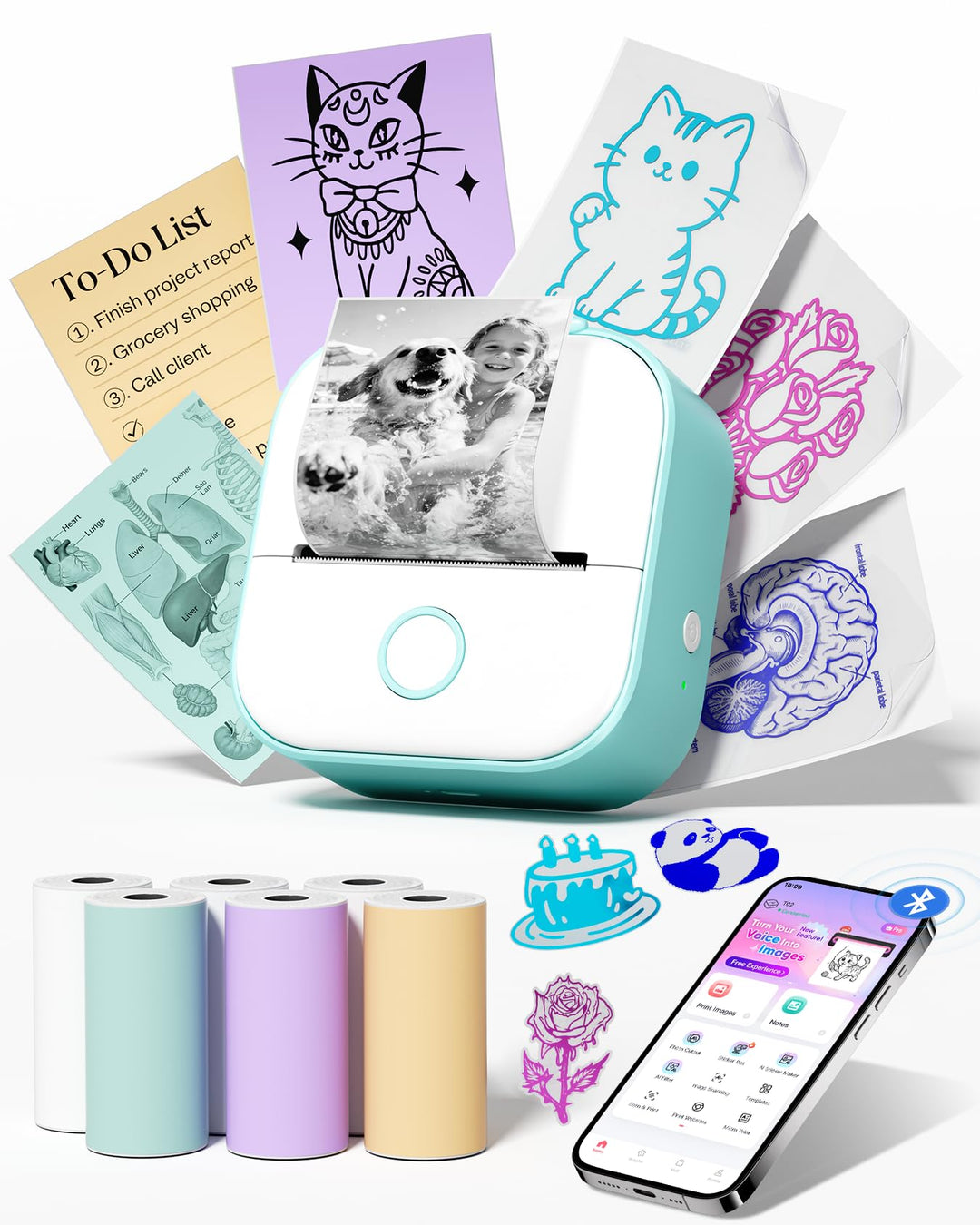 Memoking Mini Drucker für Smartphone, T02 Mini Drucker mit 6 Rollen Papier Grün 1 Drucker + 6 Rollen