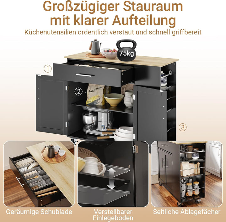 SoBuy Küchenwagen mit feststellbaren Rollen &amp; 3 Seitenablagen 99x40x84,3 cm | Kücheninsel mit grosse