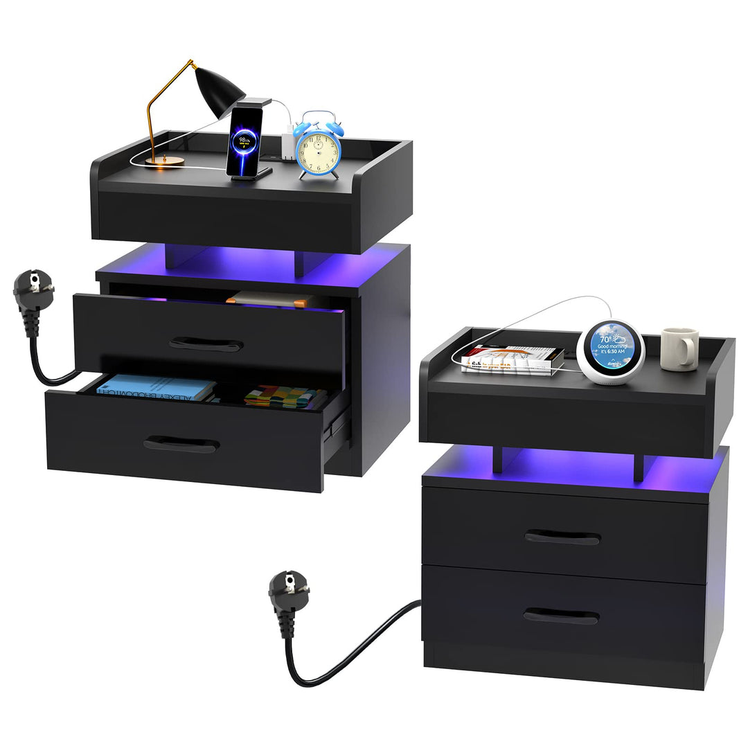 PIPIPOXER 2er Set Nachttisch mit LED, Nachtschrank mit Steckdosen und USB Anschlüsse mit 3 Schublade