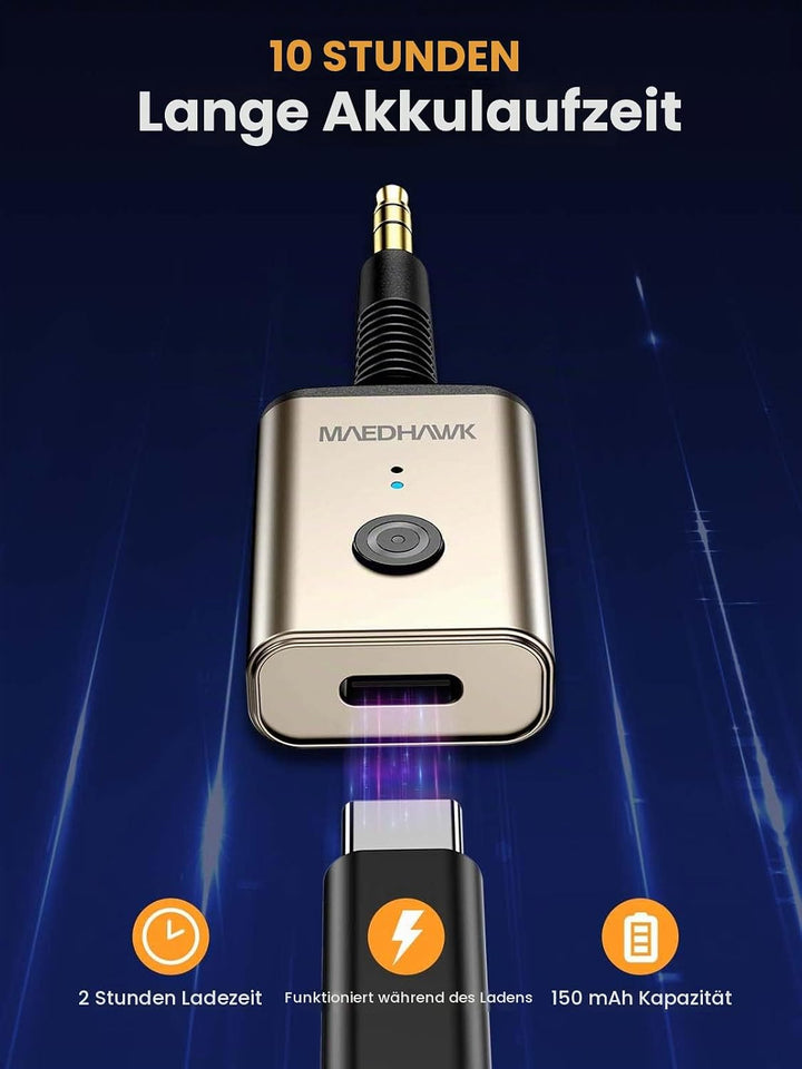 MaedHawk Aux Bluetooth Adapter, Bluetooth 5.3 Adapter Auto 3.5mm Drehbar 180° Bluetooth Empfänger Au