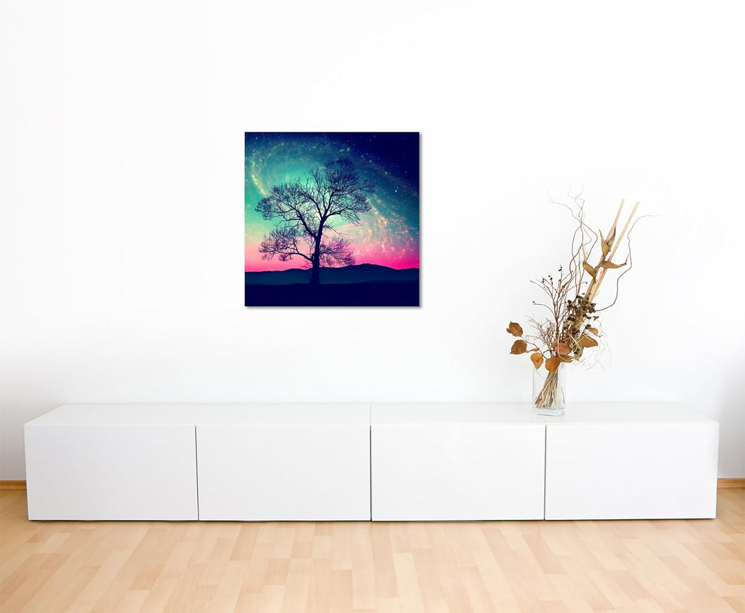 Paul Sinus Art Leinwandbild 60x60cm Künstlerische Fotografie – Baumsilhouette vor Milchstrasse auf L