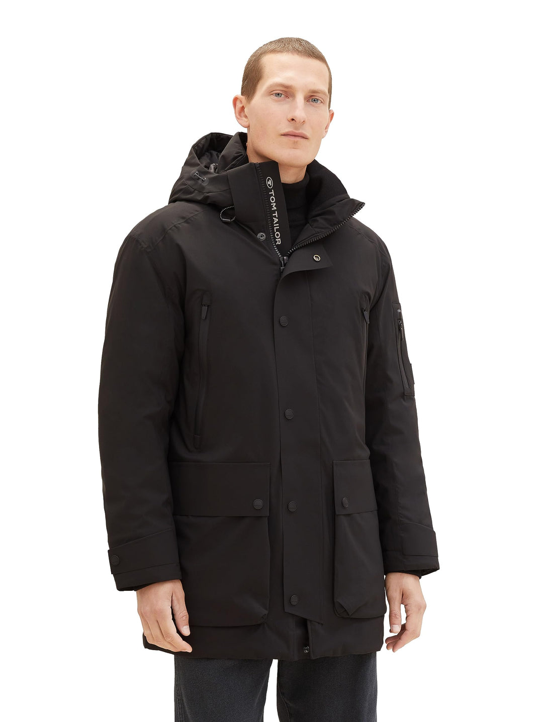 TOM TAILOR Herren Hybrid Daunenmantel mit Abnehmbarer Kapuze S 29999-black, S 29999-black