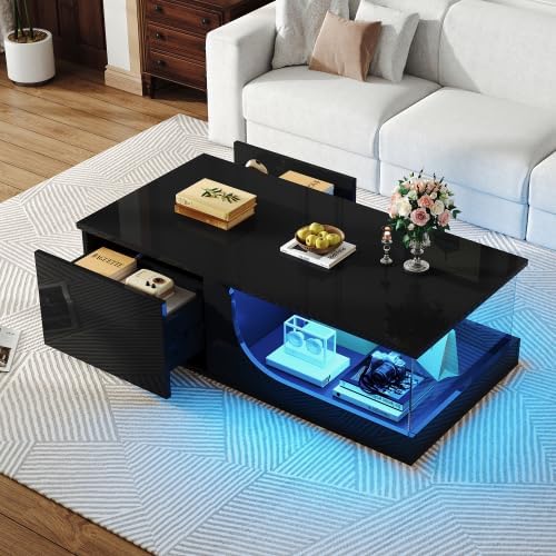 Merax Couchtisch mit LED-Beleuchtung, Doppelschichtige Aufbewahrung, Hochglanz-Oberfläche und gehärt