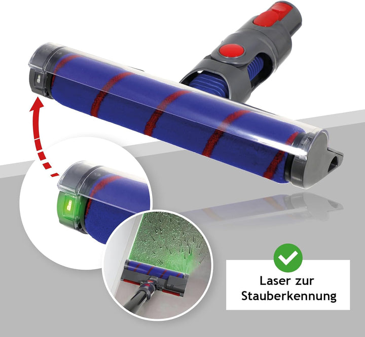 SPARES2GO Bürstenkopf Bodendüse mit weicher Walze und Lasererkennung für Dyson V7 V8 V10 V11 V15 SV1
