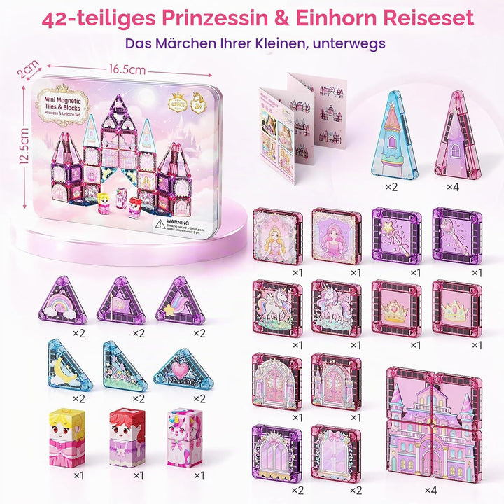 Magnetische Bausteine Reisespielzeug für Mädchen: 42pcs Prinzessin &amp; Einhorn Tiles in Tragbarer Meta
