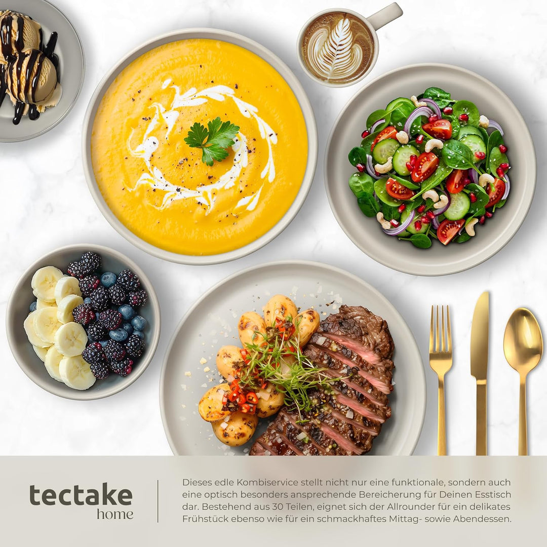 tectake® 47-tlg. Küchenstarterset, Steingut Geschirrset 6 Personen, Tassen, Teller Set, 2x Kochtopf,