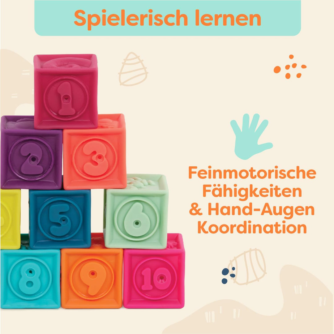B. toys - One Two Squeeze - Baby-Blöcke - Stapel- und Bauspielzeug für Babys - 10 weiche Blöcke mit