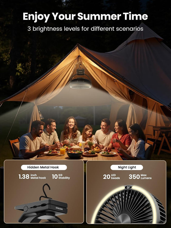 Warmco Tragbarer Ventilator mit LED-Laterne und Haken, 15000 mAh, batteriebetrieben, Camping-Tischve